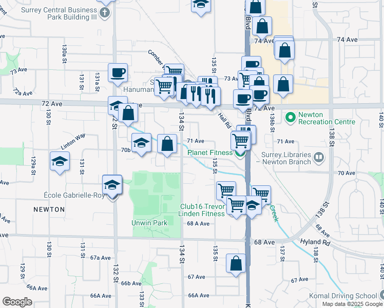 map of restaurants, bars, coffee shops, grocery stores, and more near in Surrey