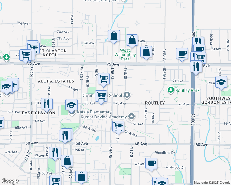 map of restaurants, bars, coffee shops, grocery stores, and more near 7065 196A Street in Langley