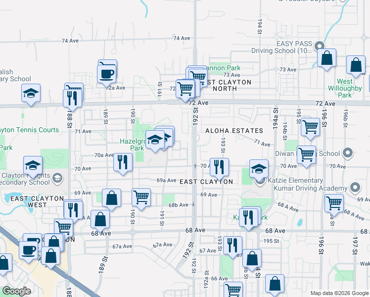 map of restaurants, bars, coffee shops, grocery stores, and more near 7050 192 Street in Surrey