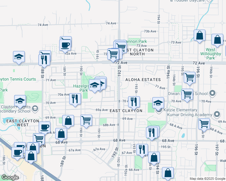 map of restaurants, bars, coffee shops, grocery stores, and more near 7088 191 Street in Surrey