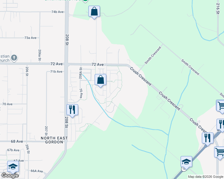 map of restaurants, bars, coffee shops, grocery stores, and more near 7138 210 Street in Langley Township