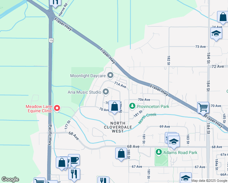 map of restaurants, bars, coffee shops, grocery stores, and more near 17916 71 Avenue in Surrey