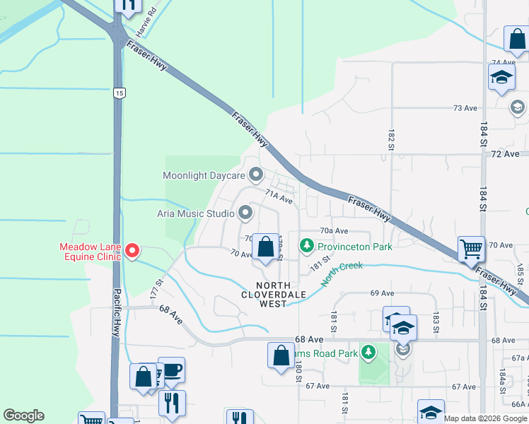 map of restaurants, bars, coffee shops, grocery stores, and more near 17916 71 Avenue in Surrey