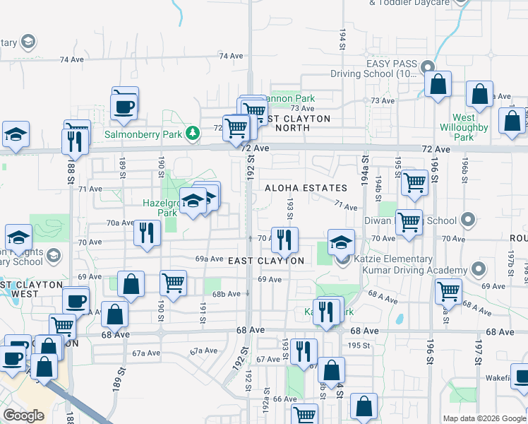map of restaurants, bars, coffee shops, grocery stores, and more near 7056 192 Street in Surrey