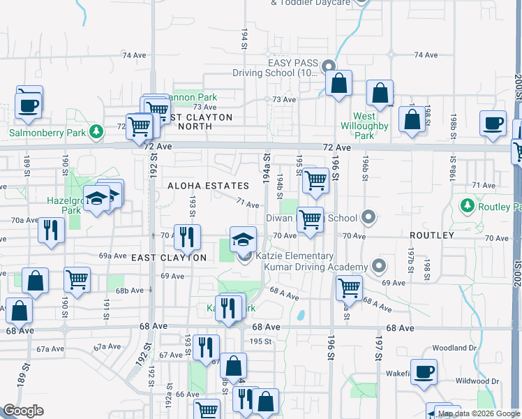 map of restaurants, bars, coffee shops, grocery stores, and more near 7079 194A Street in Surrey