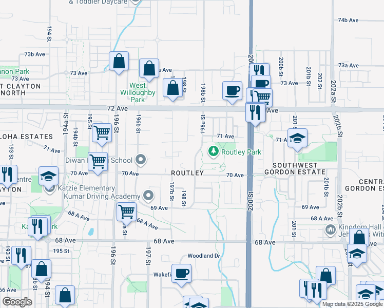 map of restaurants, bars, coffee shops, grocery stores, and more near 7065 198A Street in Langley
