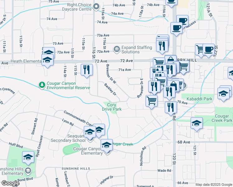 map of restaurants, bars, coffee shops, grocery stores, and more near 7040 Barkley Drive in Delta
