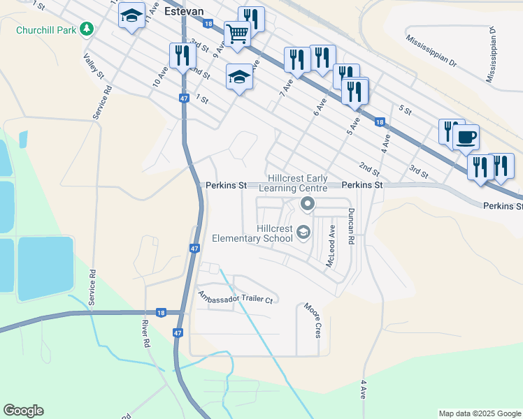 map of restaurants, bars, coffee shops, grocery stores, and more near 119 Perry Crescent in Estevan