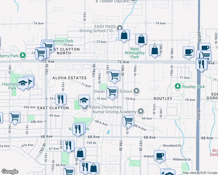map of restaurants, bars, coffee shops, grocery stores, and more near 7052 195 Street in Surrey
