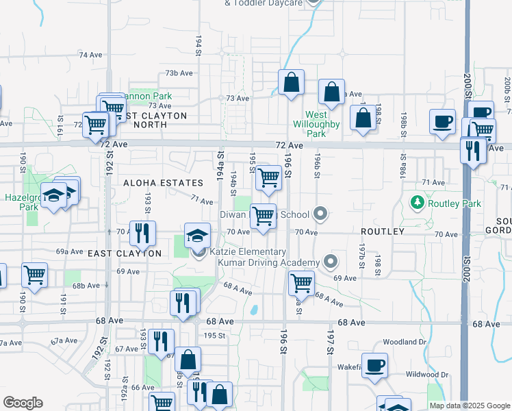 map of restaurants, bars, coffee shops, grocery stores, and more near 7065 195 Street in Surrey