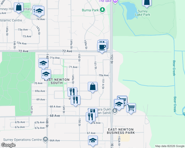 map of restaurants, bars, coffee shops, grocery stores, and more near 15062 70A Avenue in Surrey