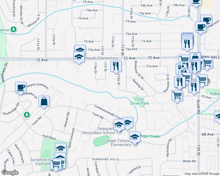 map of restaurants, bars, coffee shops, grocery stores, and more near 7050 115 Street in Delta
