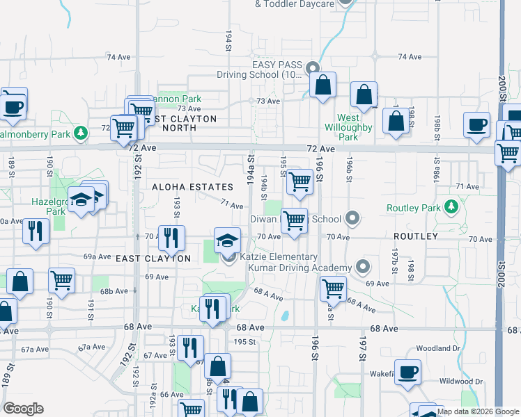 map of restaurants, bars, coffee shops, grocery stores, and more near 7055 194B Street in Surrey