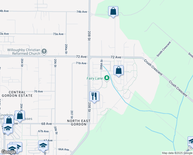 map of restaurants, bars, coffee shops, grocery stores, and more near 20831 70 Avenue in Langley Township