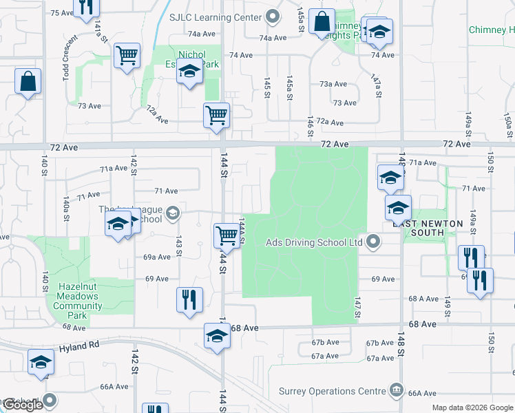 map of restaurants, bars, coffee shops, grocery stores, and more near 7055 144B Street in Surrey
