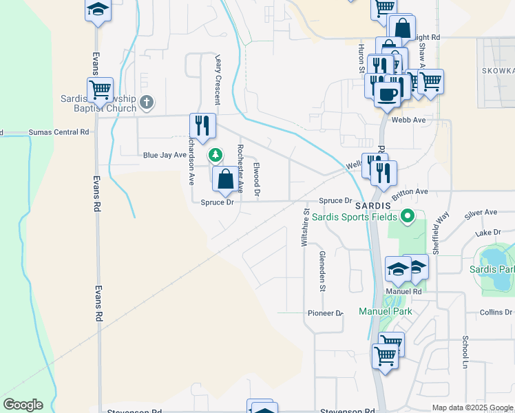 map of restaurants, bars, coffee shops, grocery stores, and more near 45428 Spruce Drive in Chilliwack