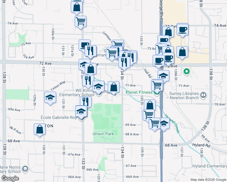map of restaurants, bars, coffee shops, grocery stores, and more near 7064 133B Street in Surrey