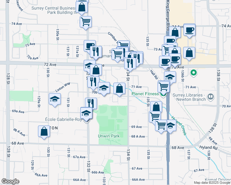 map of restaurants, bars, coffee shops, grocery stores, and more near 13345 70B Avenue in Surrey