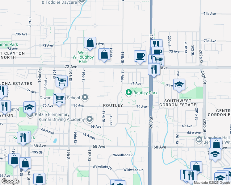 map of restaurants, bars, coffee shops, grocery stores, and more near 7065 198A Street in Langley City