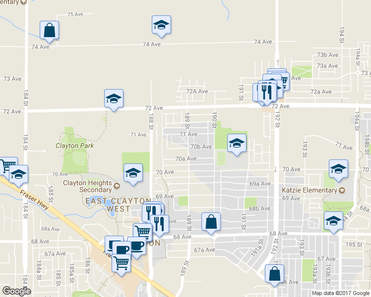 map of restaurants, bars, coffee shops, grocery stores, and more near 7067 189 Street in Surrey