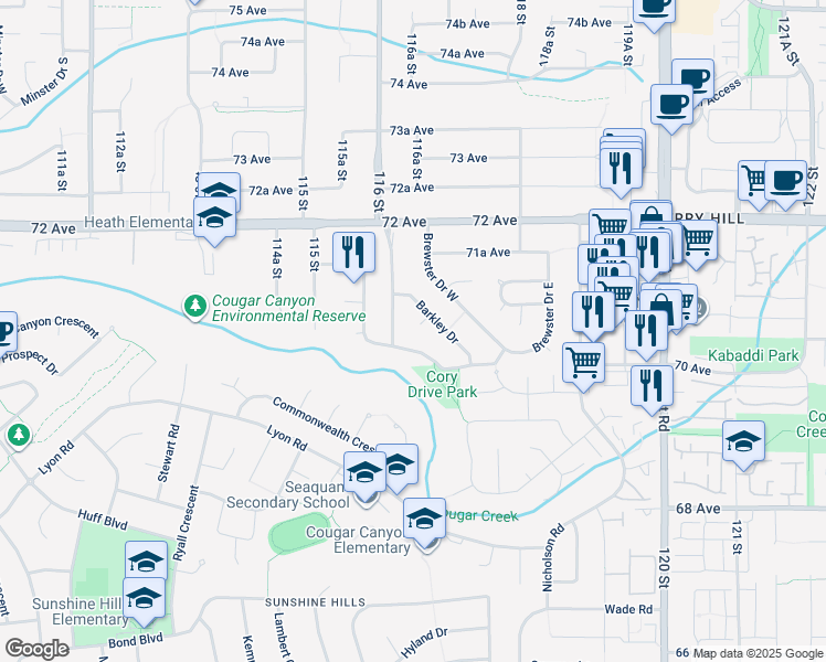 map of restaurants, bars, coffee shops, grocery stores, and more near 7059 Barkley Place in Delta