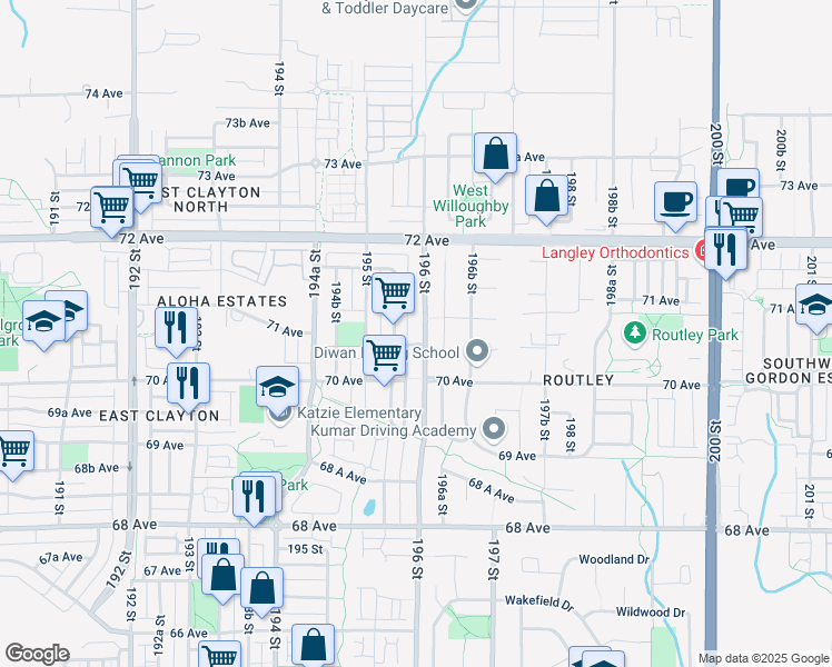 map of restaurants, bars, coffee shops, grocery stores, and more near 7057 196 Street in Surrey