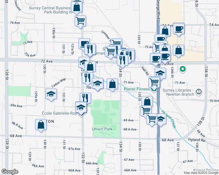 map of restaurants, bars, coffee shops, grocery stores, and more near 13349 70B Avenue in Surrey