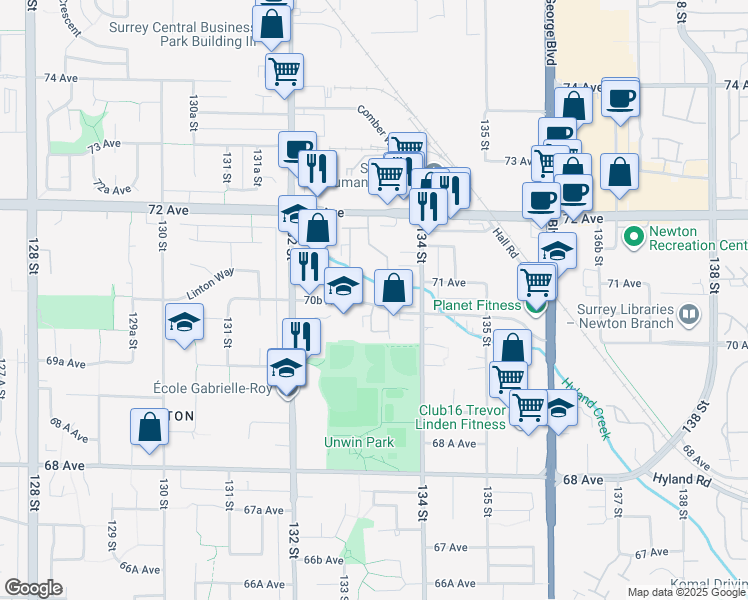 map of restaurants, bars, coffee shops, grocery stores, and more near 13335 70B Avenue in Surrey