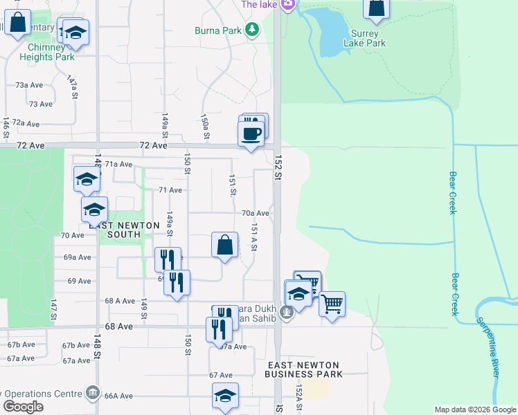 map of restaurants, bars, coffee shops, grocery stores, and more near 15177 70A Avenue in Surrey