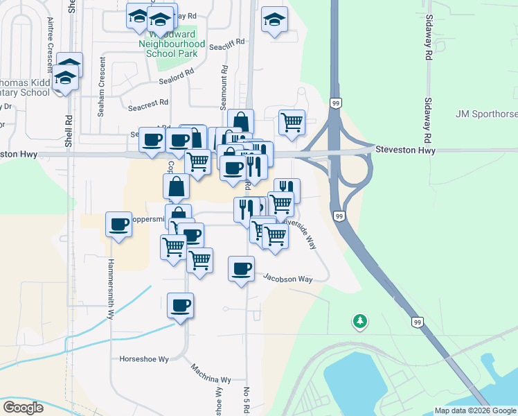 map of restaurants, bars, coffee shops, grocery stores, and more near 12033 Riverside Way in Richmond