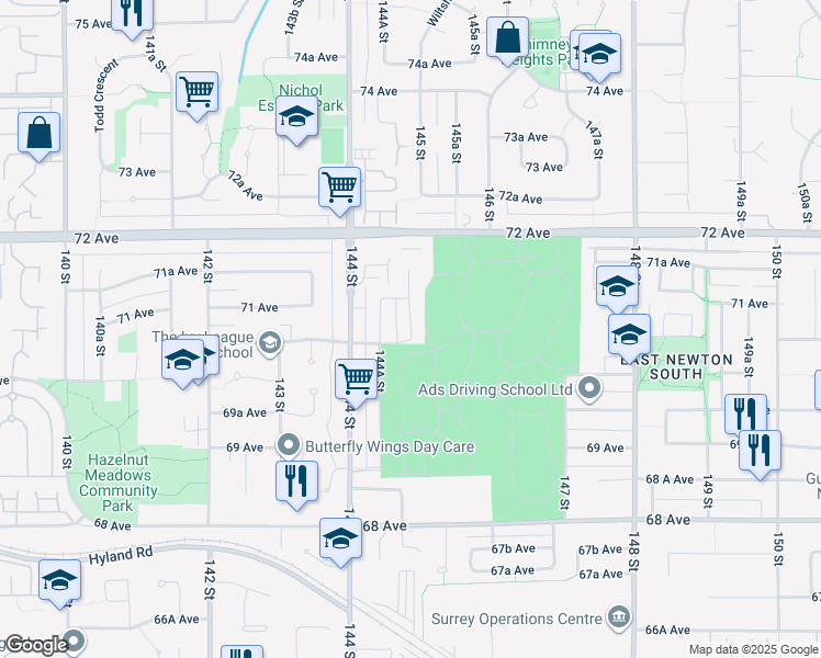 map of restaurants, bars, coffee shops, grocery stores, and more near 7059 144B Street in Surrey
