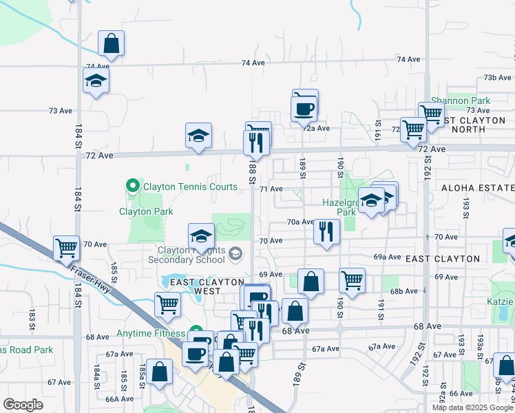 map of restaurants, bars, coffee shops, grocery stores, and more near 7080 188 Street in Surrey