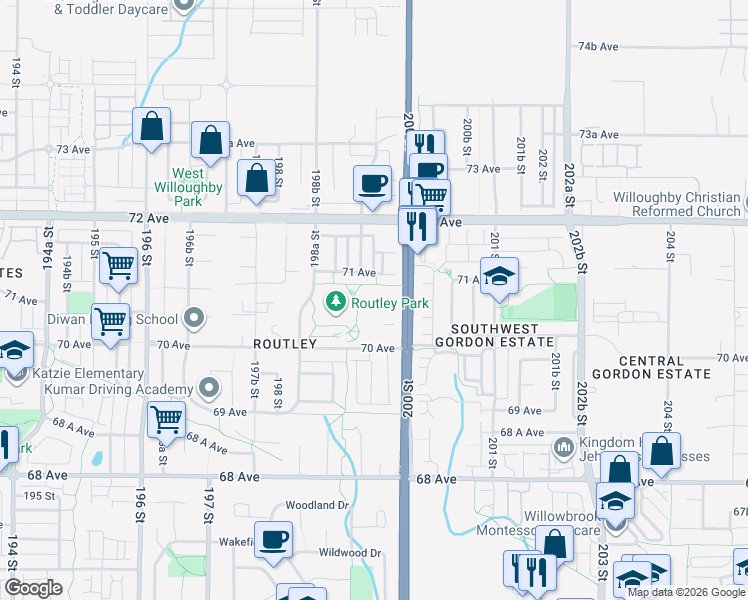 map of restaurants, bars, coffee shops, grocery stores, and more near 19913 70 Avenue in Langley