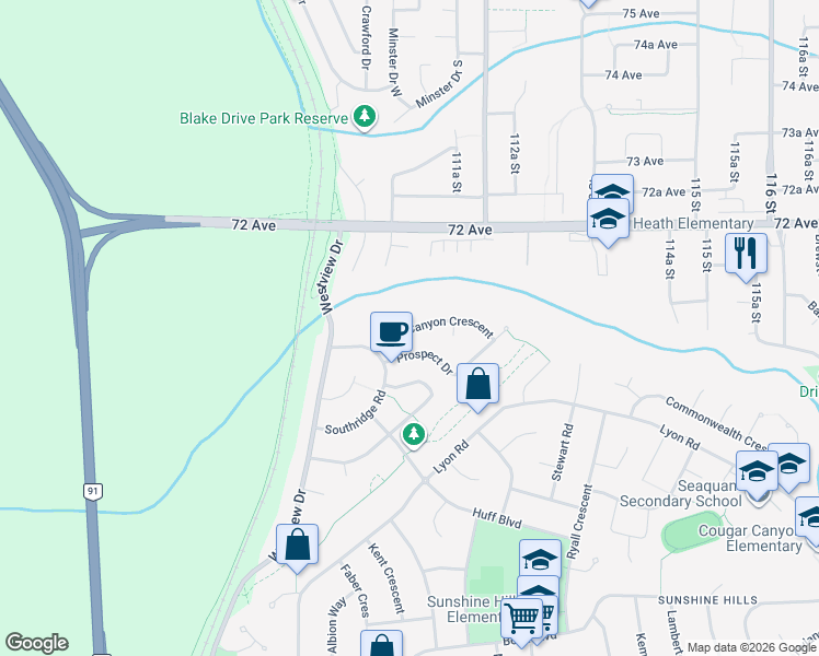 map of restaurants, bars, coffee shops, grocery stores, and more near 11101 Canyon Crescent in Delta