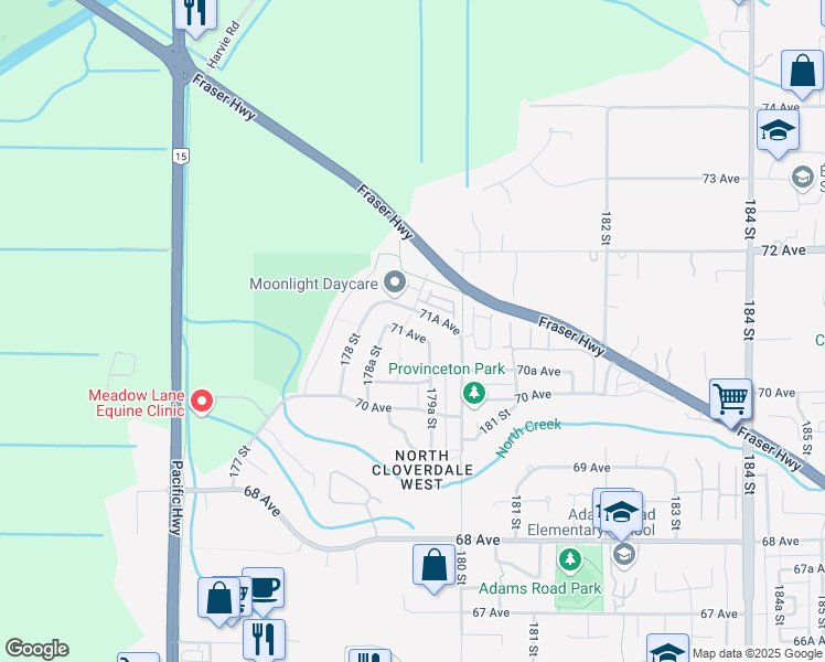 map of restaurants, bars, coffee shops, grocery stores, and more near 17919 71 Avenue in Surrey