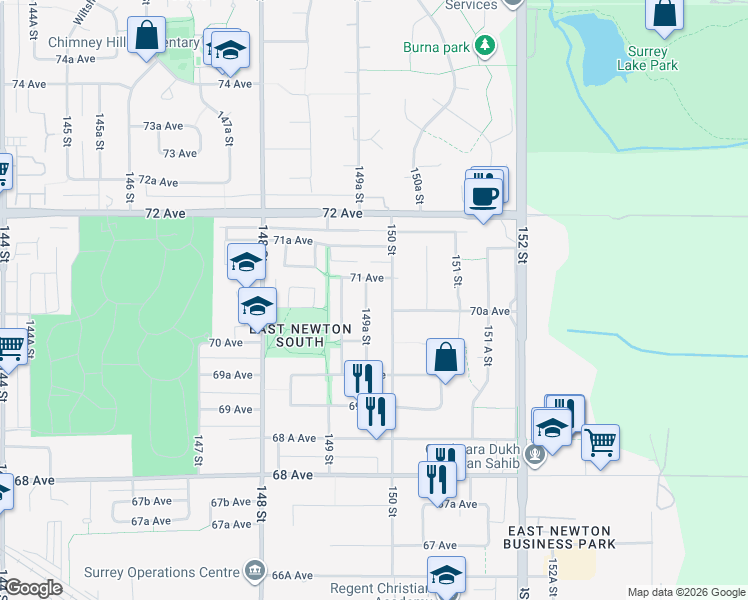 map of restaurants, bars, coffee shops, grocery stores, and more near 7072 149A Street in Surrey