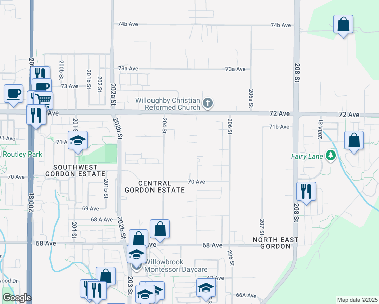 map of restaurants, bars, coffee shops, grocery stores, and more near 7075 205 Street in Langley