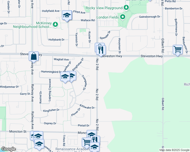 map of restaurants, bars, coffee shops, grocery stores, and more near 11331 Number 2 Road in Richmond
