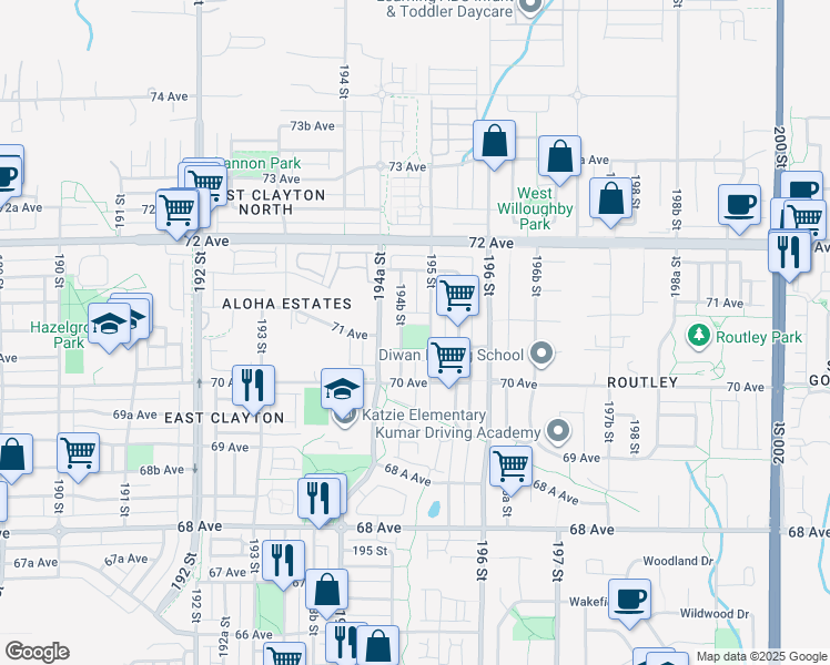 map of restaurants, bars, coffee shops, grocery stores, and more near 7065 195 Street in Surrey