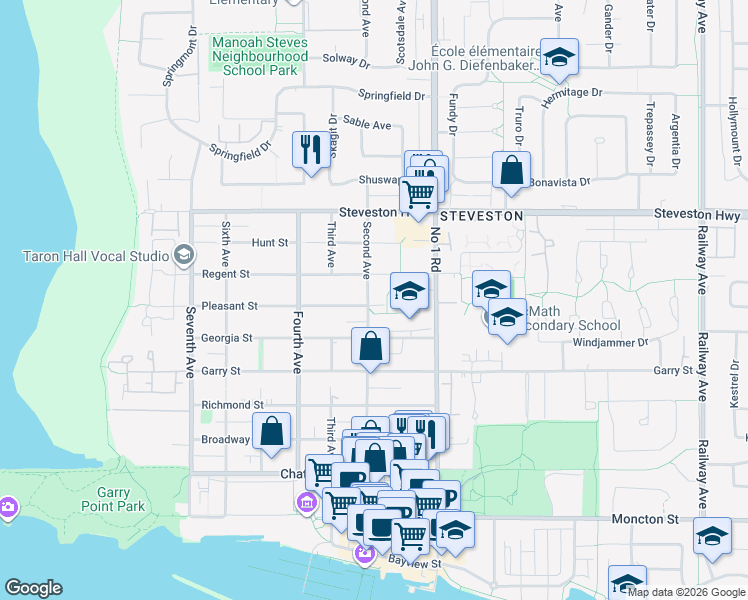 map of restaurants, bars, coffee shops, grocery stores, and more near 11360 Second Avenue in Richmond