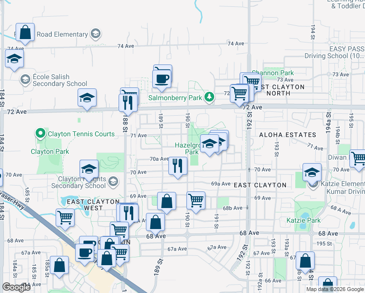 map of restaurants, bars, coffee shops, grocery stores, and more near 18973 70B Avenue in Surrey