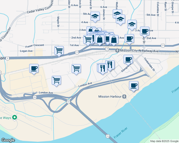 map of restaurants, bars, coffee shops, grocery stores, and more near 7111 Beatty Drive in Mission