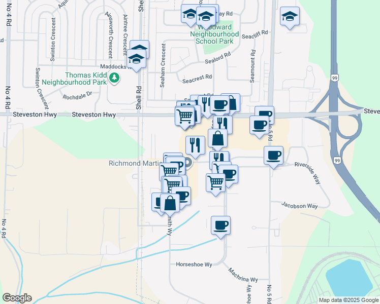 map of restaurants, bars, coffee shops, grocery stores, and more near 145-11331 Coppersmith Way in Richmond