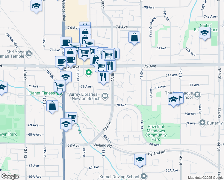 map of restaurants, bars, coffee shops, grocery stores, and more near 71 Avenue in Surrey