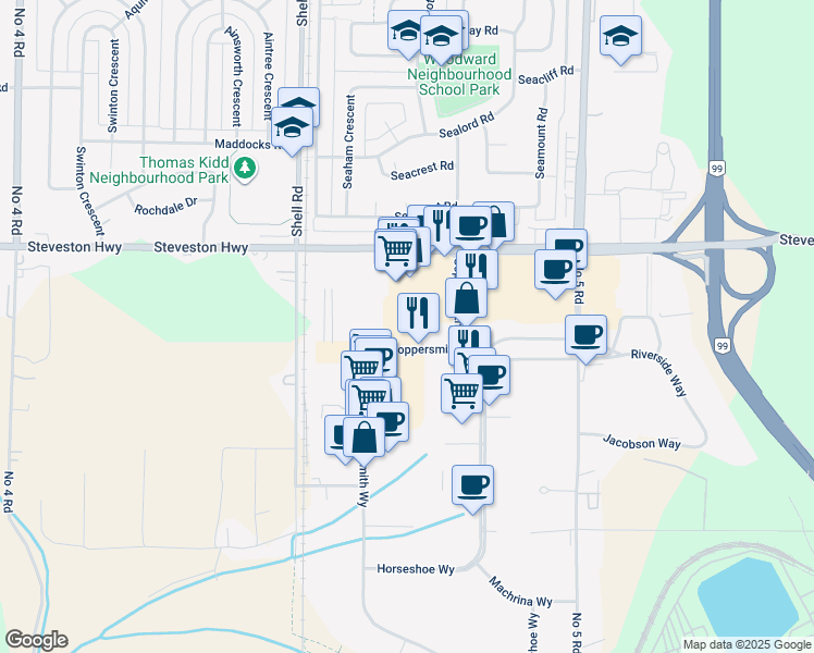 map of restaurants, bars, coffee shops, grocery stores, and more near 11331 Coppersmith Way in Richmond