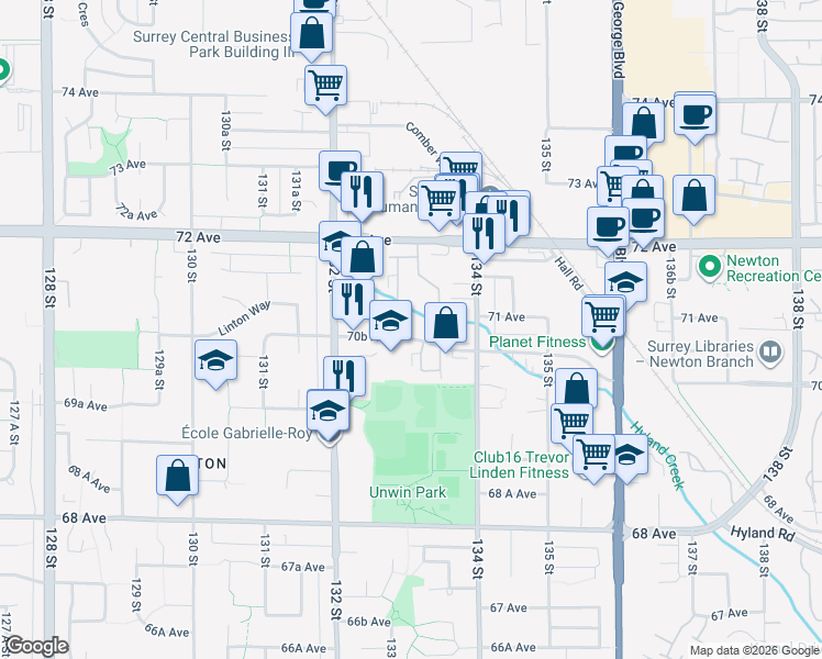 map of restaurants, bars, coffee shops, grocery stores, and more near 13317 70B Avenue in Surrey