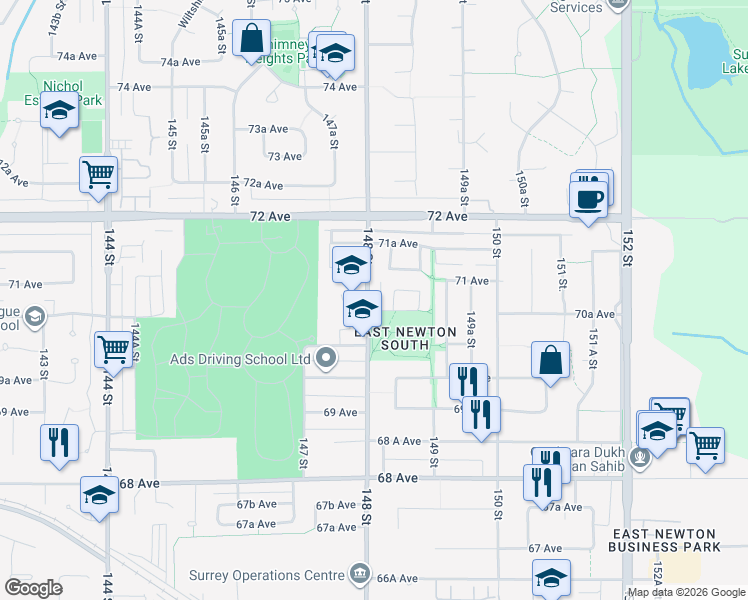 map of restaurants, bars, coffee shops, grocery stores, and more near 7062 148 Street in Surrey