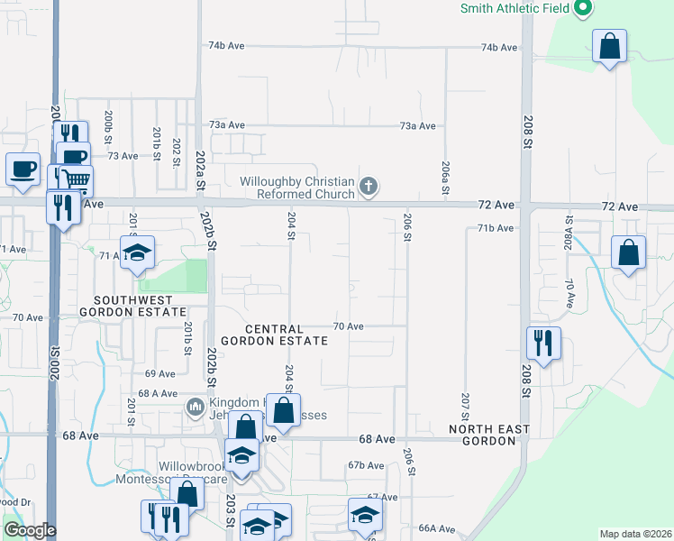 map of restaurants, bars, coffee shops, grocery stores, and more near 7075 205 Street in Langley
