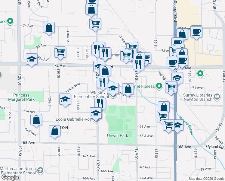 map of restaurants, bars, coffee shops, grocery stores, and more near 13291 70B Avenue in Surrey