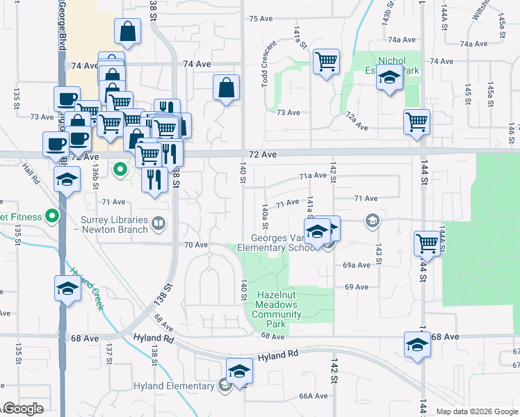 map of restaurants, bars, coffee shops, grocery stores, and more near 7085 140A Street in Surrey